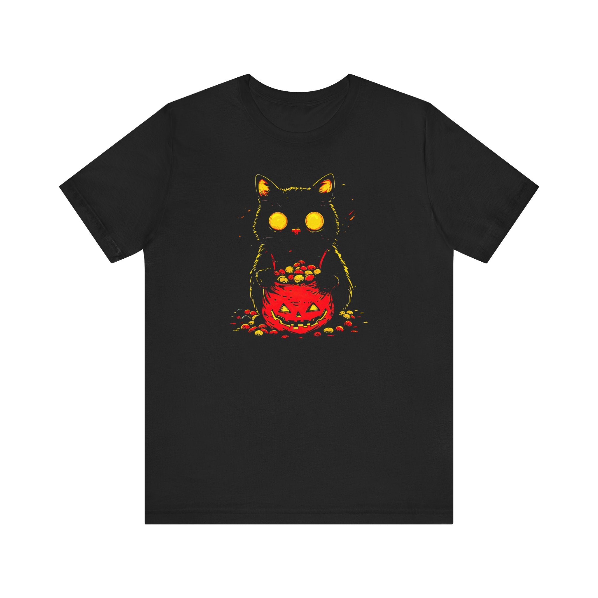 Halloween Black Cat Graphic Tee – Spooky Pumpkin Candy Design Shirt